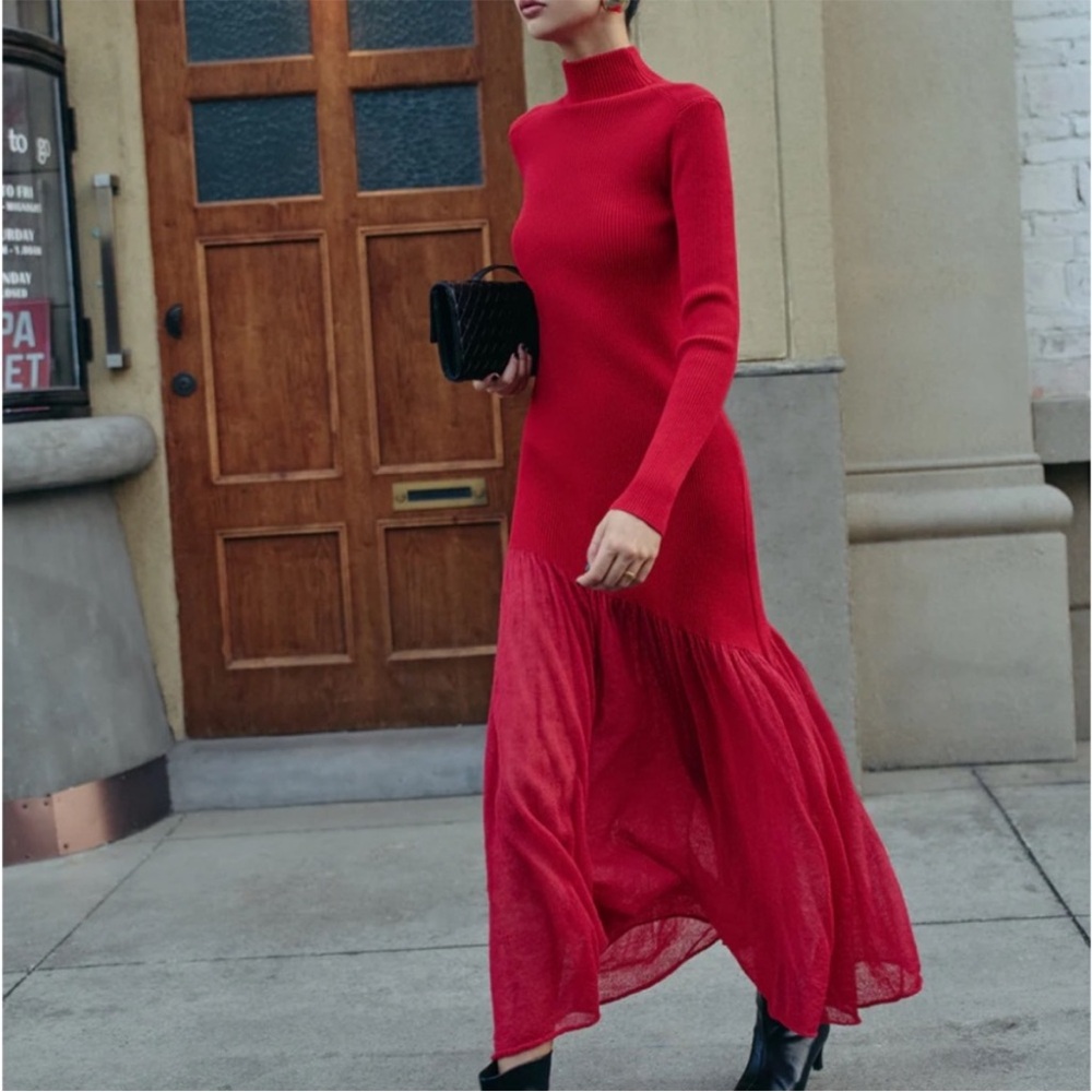 SOLD Commense Mock Vibrant Red  Ribbed Knit Dress with Sheer Bottom Asymmetrical - Picture 4 of 6